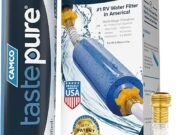 Camco Tastepure RV Water Filter - New & Advanced RV Inline Water Filter with Flexible Hose Protector - GAC & KDF Filtration - Made in USA - Camping Essentials for Fresh Drinking Water (40043)
